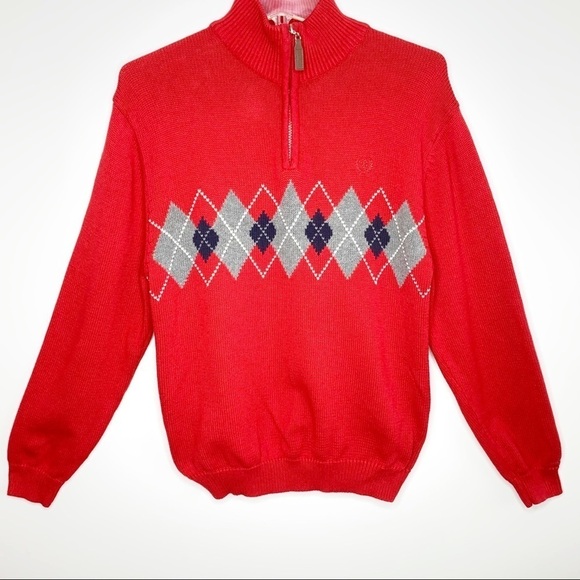 IZOD Boys Red Argyle Pattern 1/4 Zip Pull Over Cotton Sweater Size 14 16 Large - Picture 1 of 16